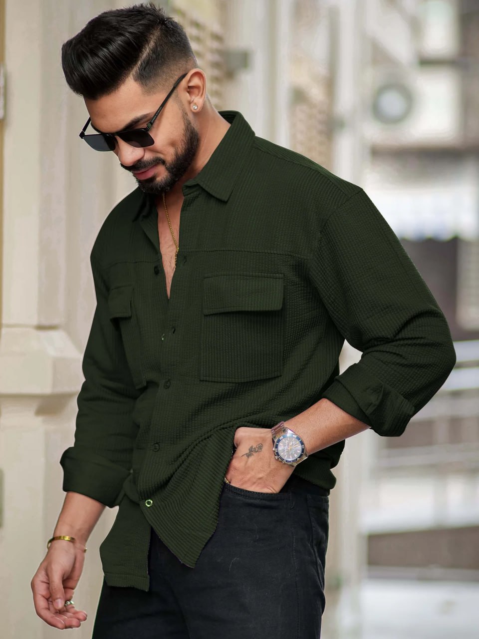 OLIVE GREEN RIB FABRIC SHIRT
