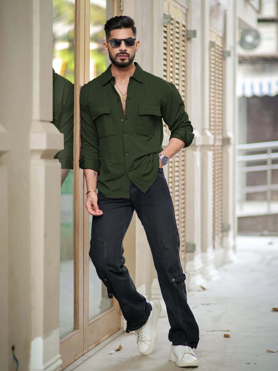 OLIVE GREEN RIB FABRIC SHIRT
