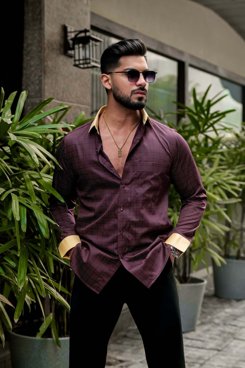 BRIGHT MAROON SHIRT YELLOW MATCHING CUFFS AND DOBBY TEXTURED PREMIUM GIZA COTTON SHIRT