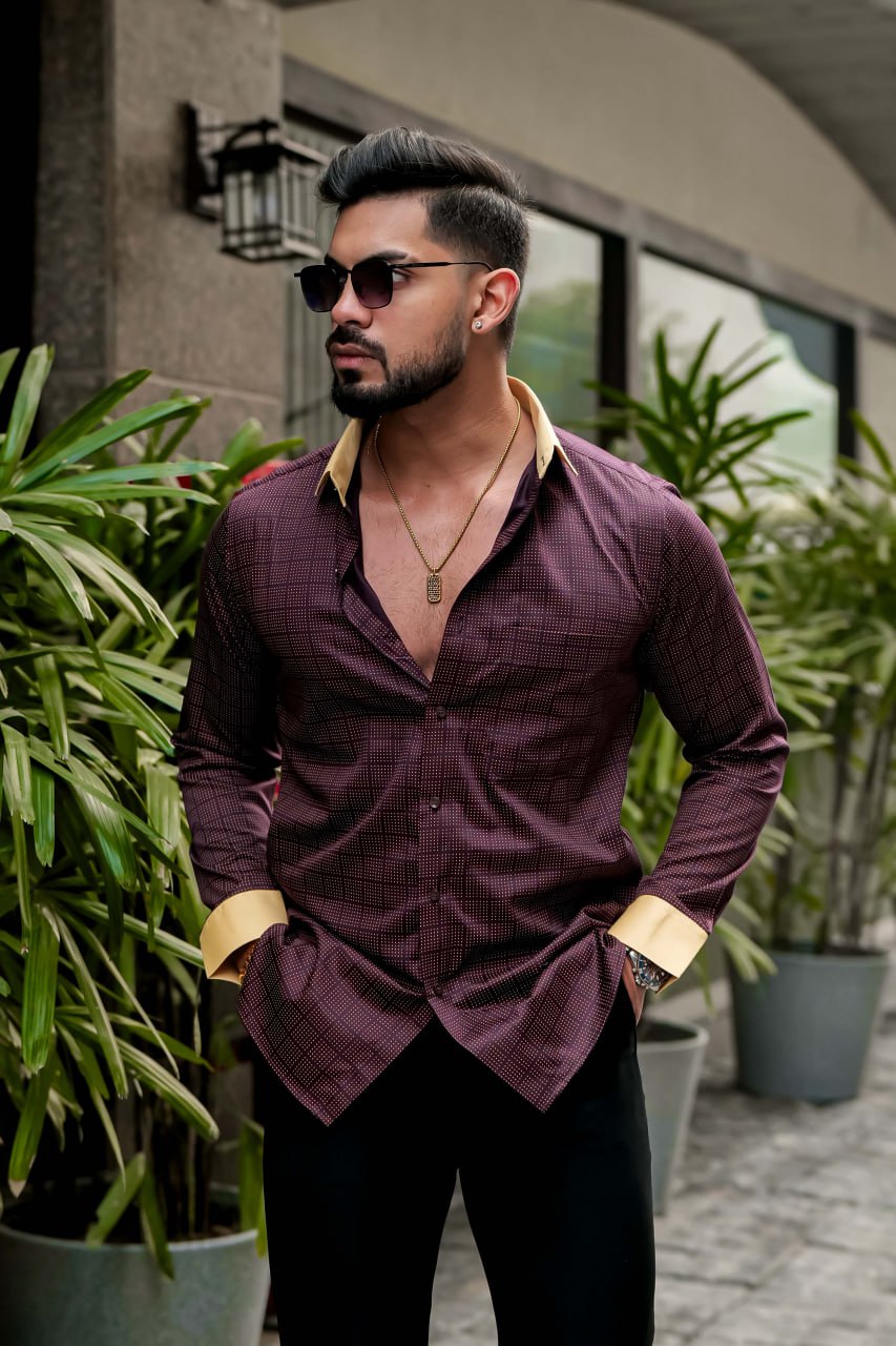 BRIGHT MAROON SHIRT YELLOW MATCHING CUFFS AND DOBBY TEXTURED PREMIUM GIZA COTTON SHIRT