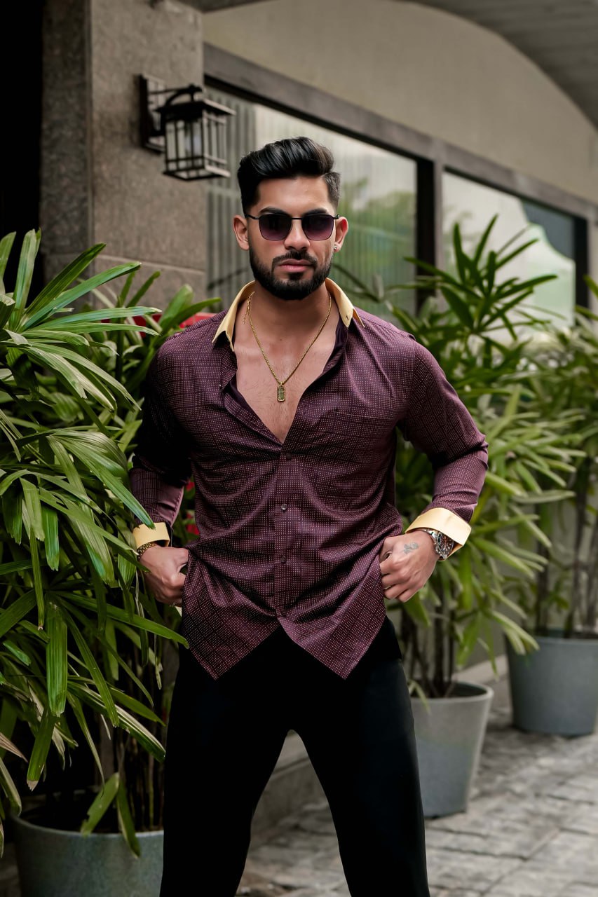 BRIGHT MAROON SHIRT YELLOW MATCHING CUFFS AND DOBBY TEXTURED PREMIUM GIZA COTTON SHIRT