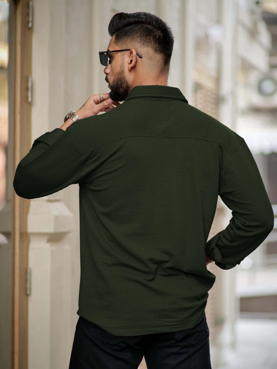 OLIVE GREEN RIB FABRIC SHIRT