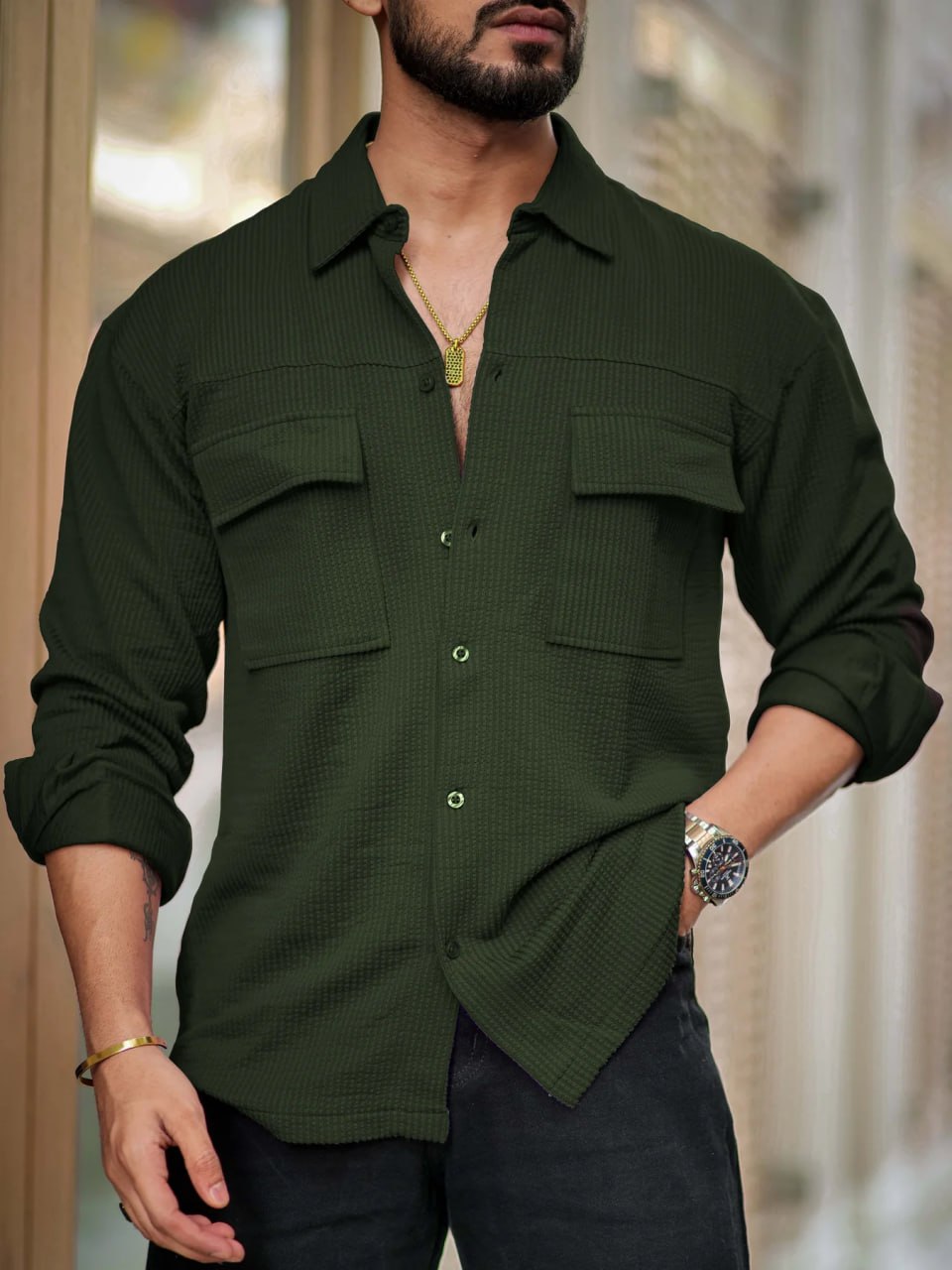 OLIVE GREEN RIB FABRIC SHIRT