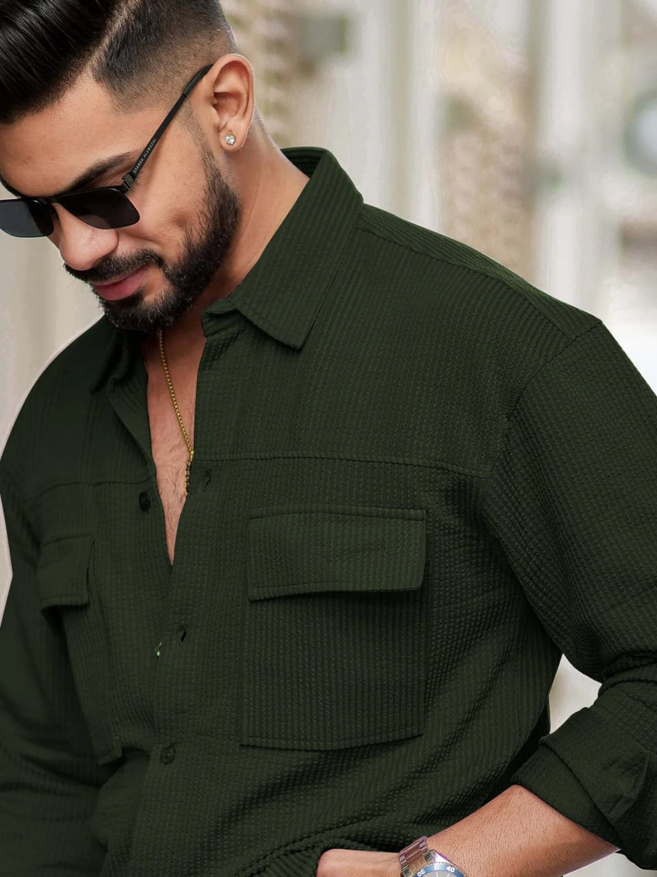 OLIVE GREEN RIB FABRIC SHIRT