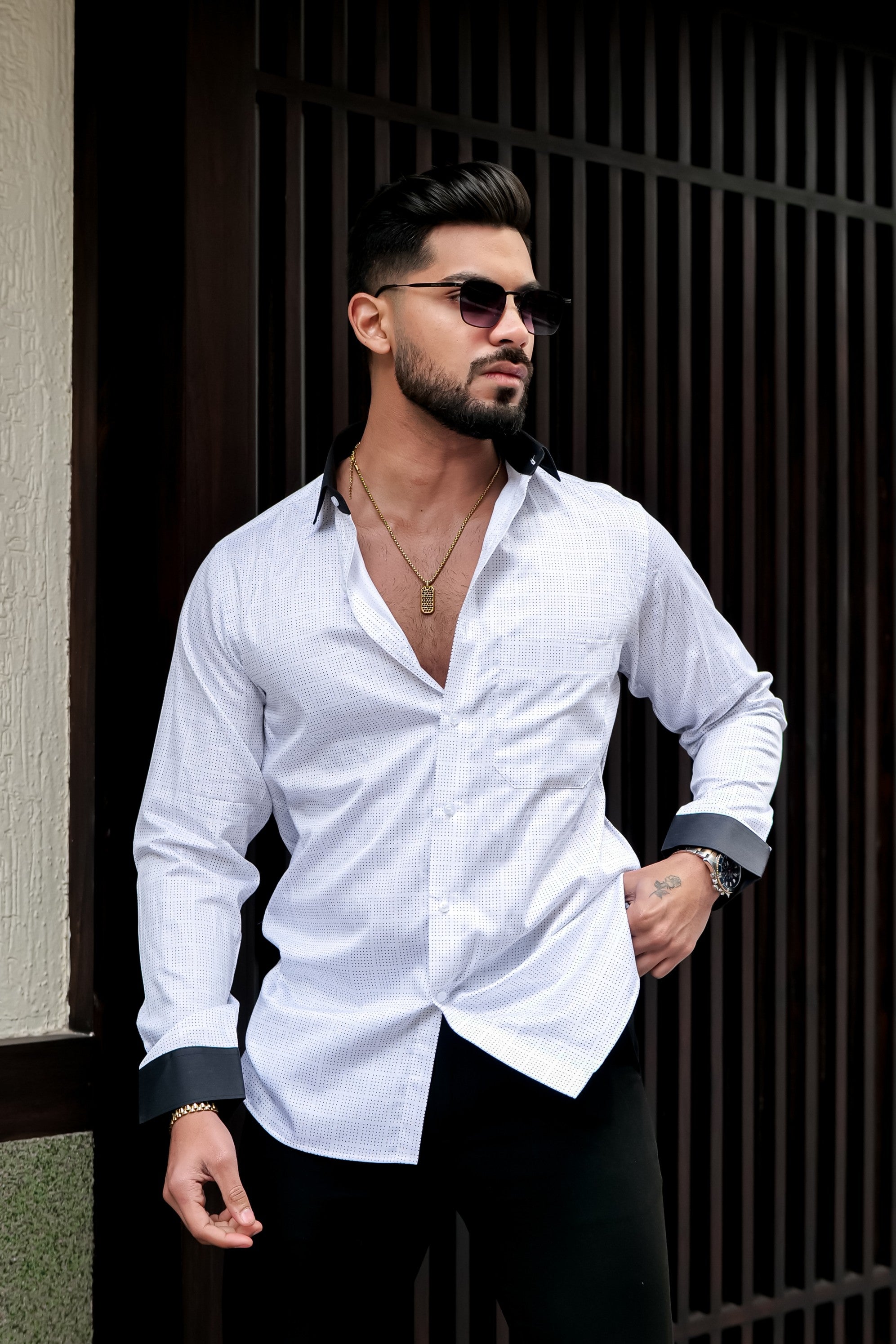 BRIGHT WHITE BLACK CUFFS AND DOBBY TEXTURED PREMIUM GIZA COTTON SHIRT