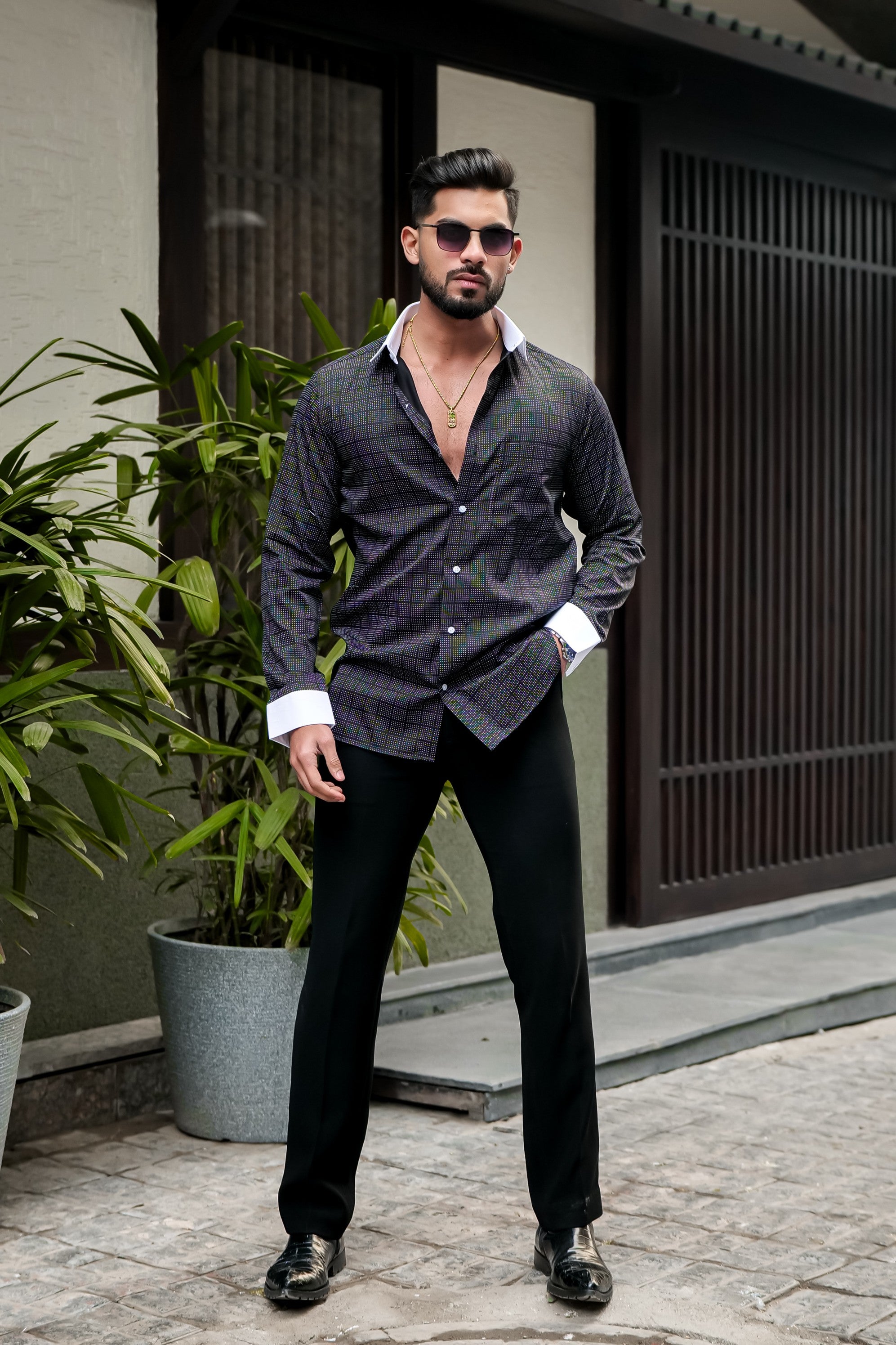 BRIGHT BLACK SHIRT WHITE CUFFS AND DOBBY TEXTURED PREMIUM GIZA COTTON SHIRT