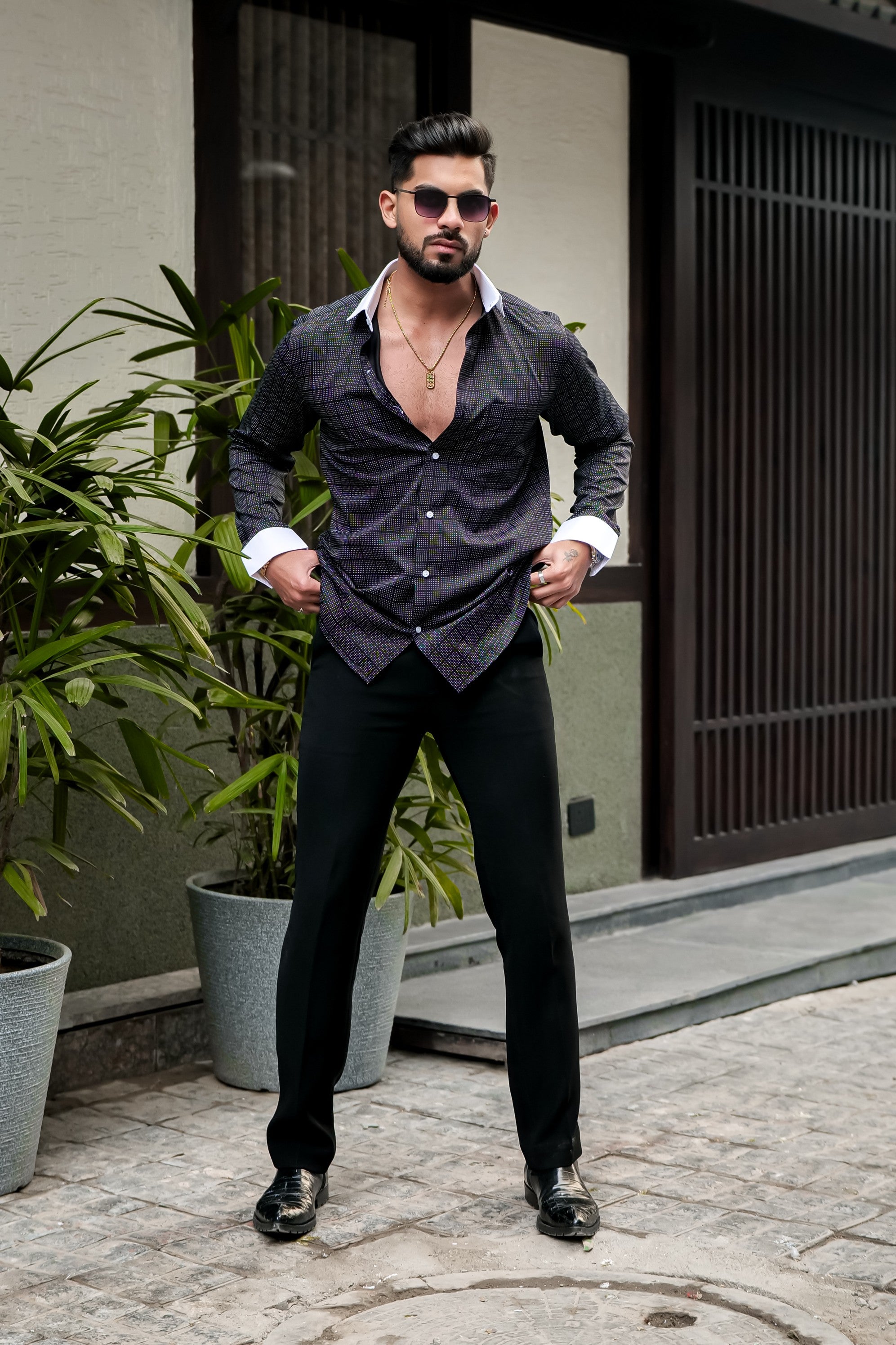 BRIGHT BLACK SHIRT WHITE CUFFS AND DOBBY TEXTURED PREMIUM GIZA COTTON SHIRT