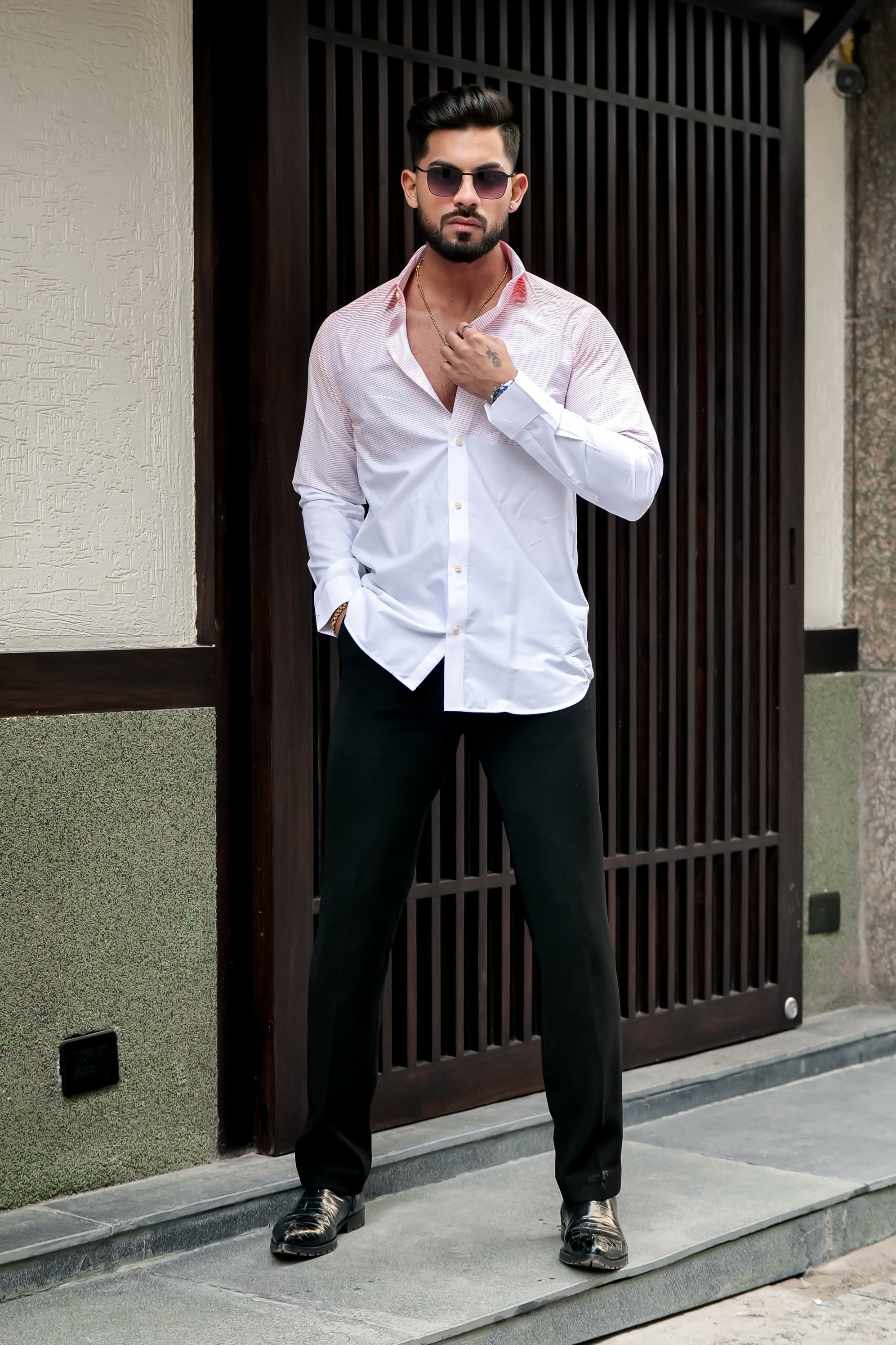 WHITE SHIRT ORANGE LINING DESIGNER SHIRT