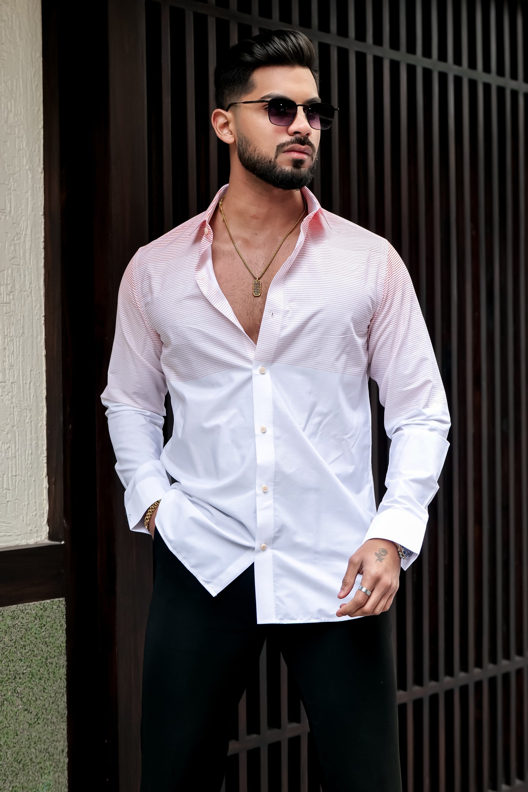 WHITE SHIRT ORANGE LINING DESIGNER SHIRT