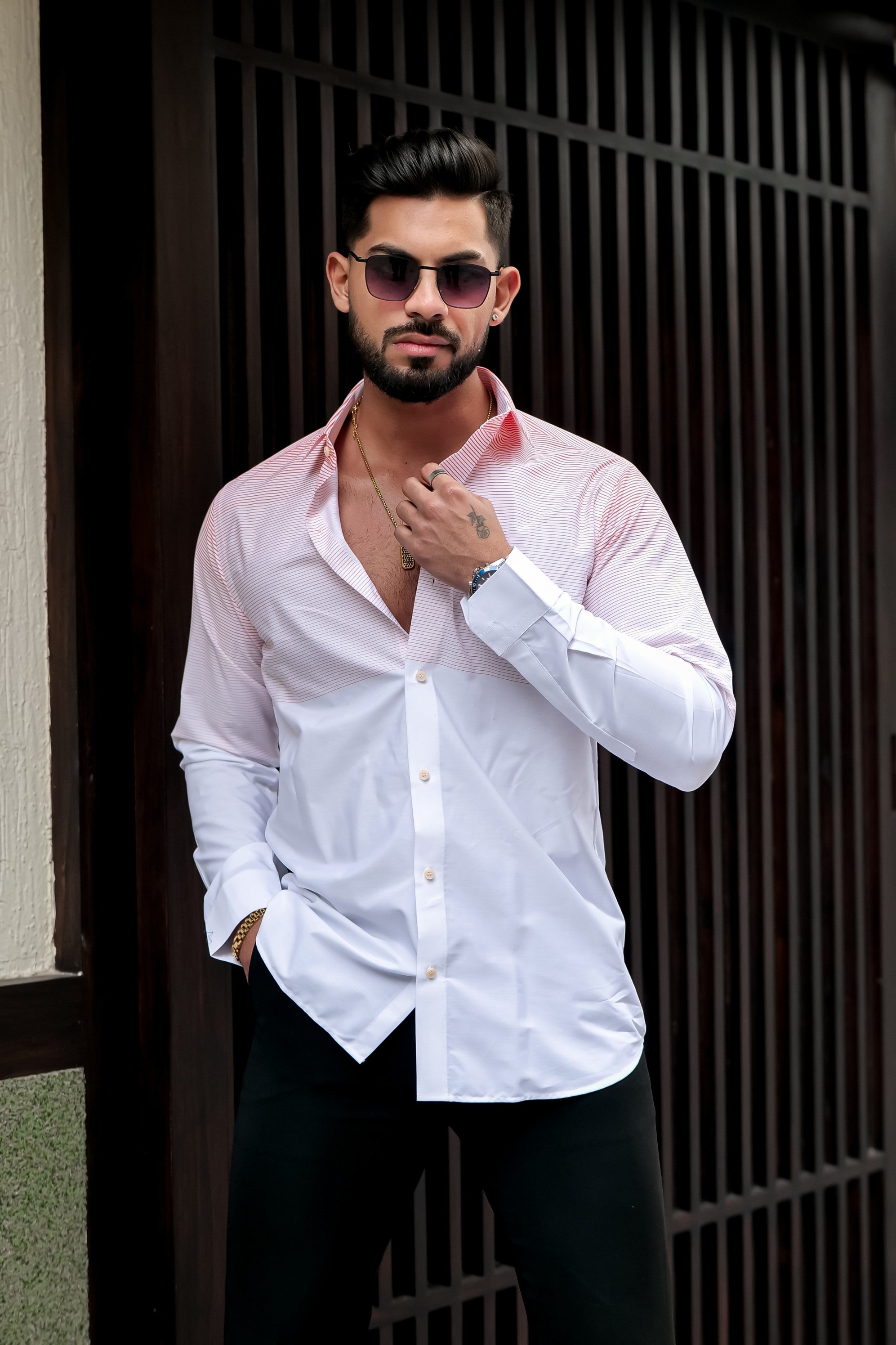 WHITE SHIRT ORANGE LINING DESIGNER SHIRT