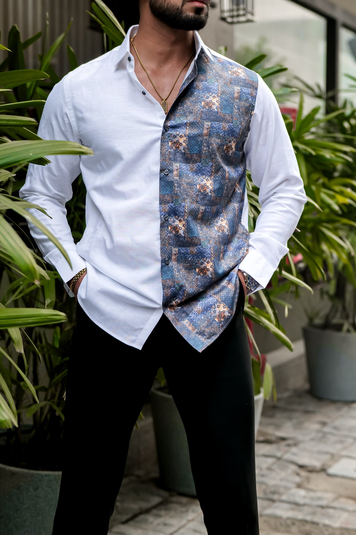 HALF-WHITE HALF-PRINTED SUPER SOFT PREMIUM COTTON DESIGNER SHIRT
