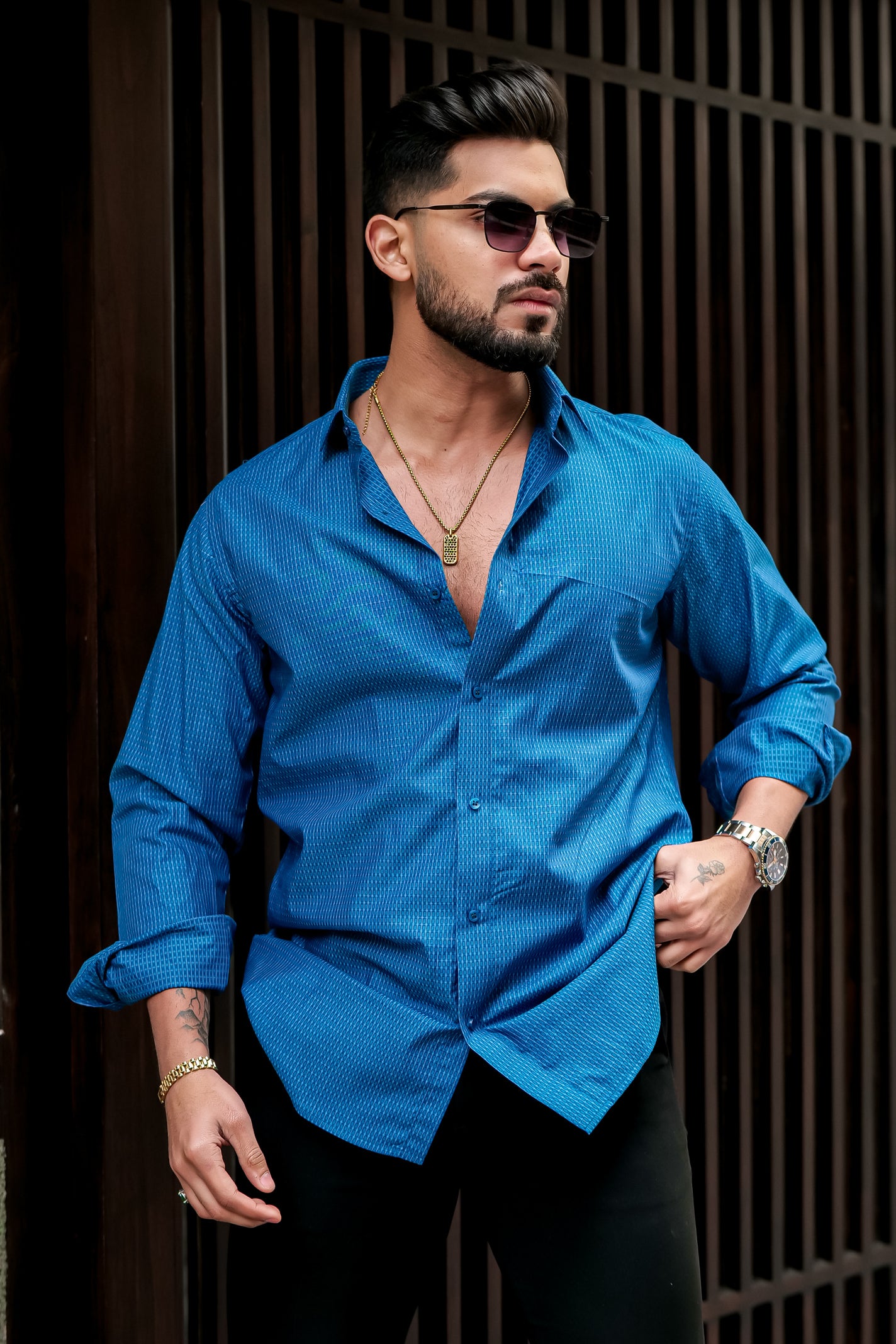 MEN BLUE STRIPE PRINTED SHIRT