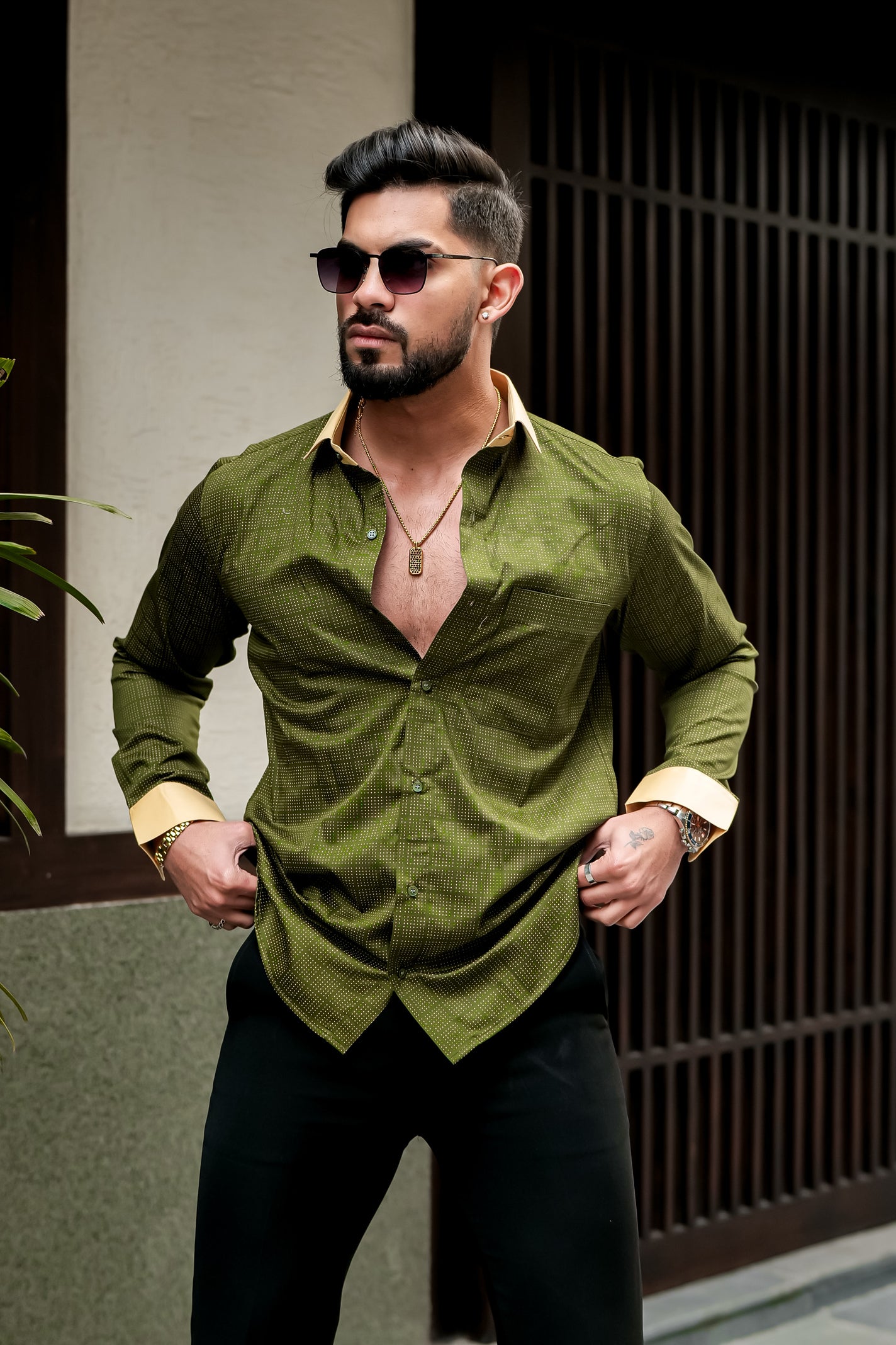 BRIGHT GREEN SHIRT YELLOW MATCHING CUFFS AND DOBBY TEXTURED PREMIUM GIZA COTTON SHIRT (Copy)