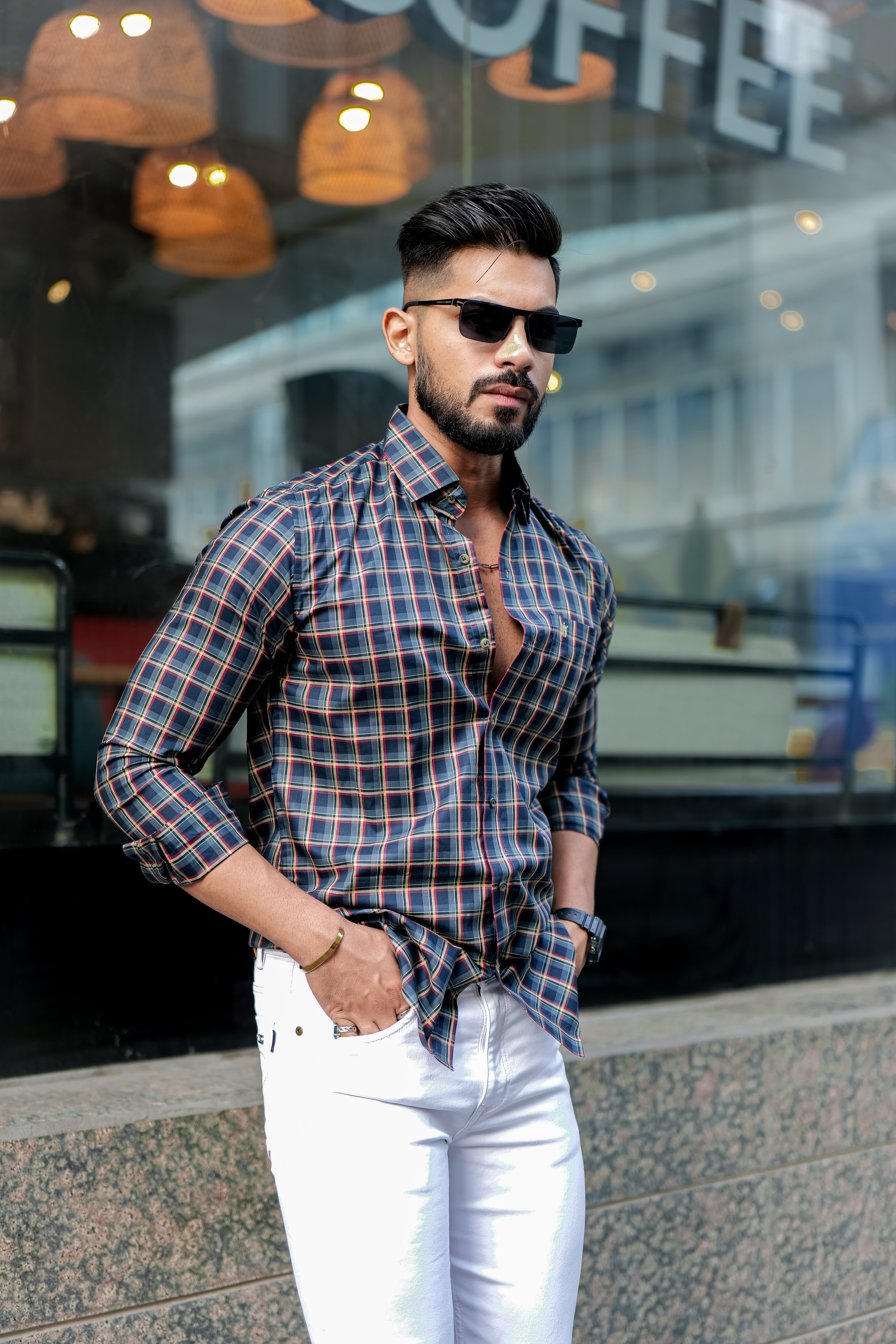 REGULAR FIT COTTON BLEND CHECKS BLUE SHIRT
