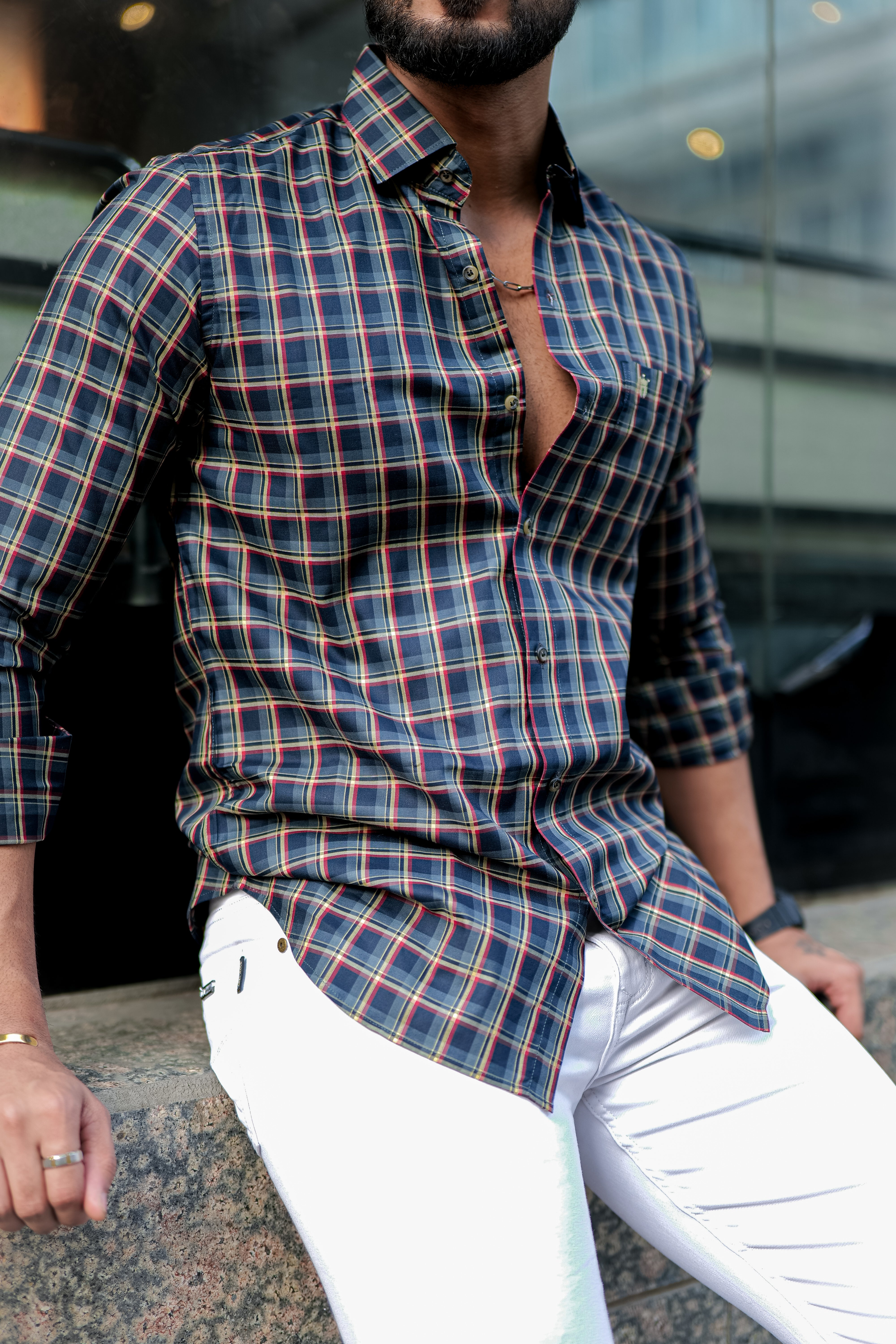 REGULAR FIT COTTON BLEND CHECKS BLUE SHIRT