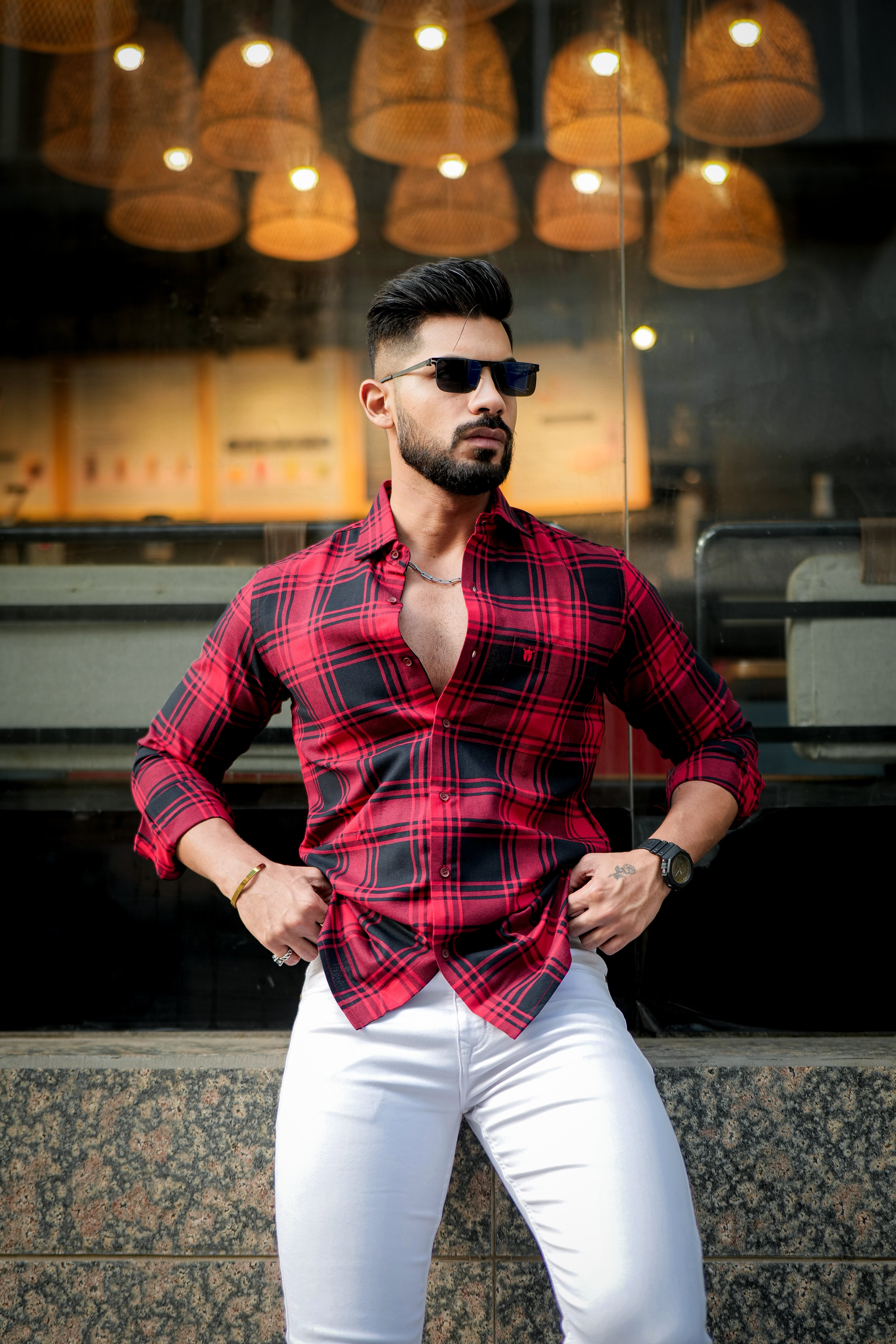 RED AND BLACK UNISEX OVERLONG CHECK SHIRT IN LONG SLEEVE