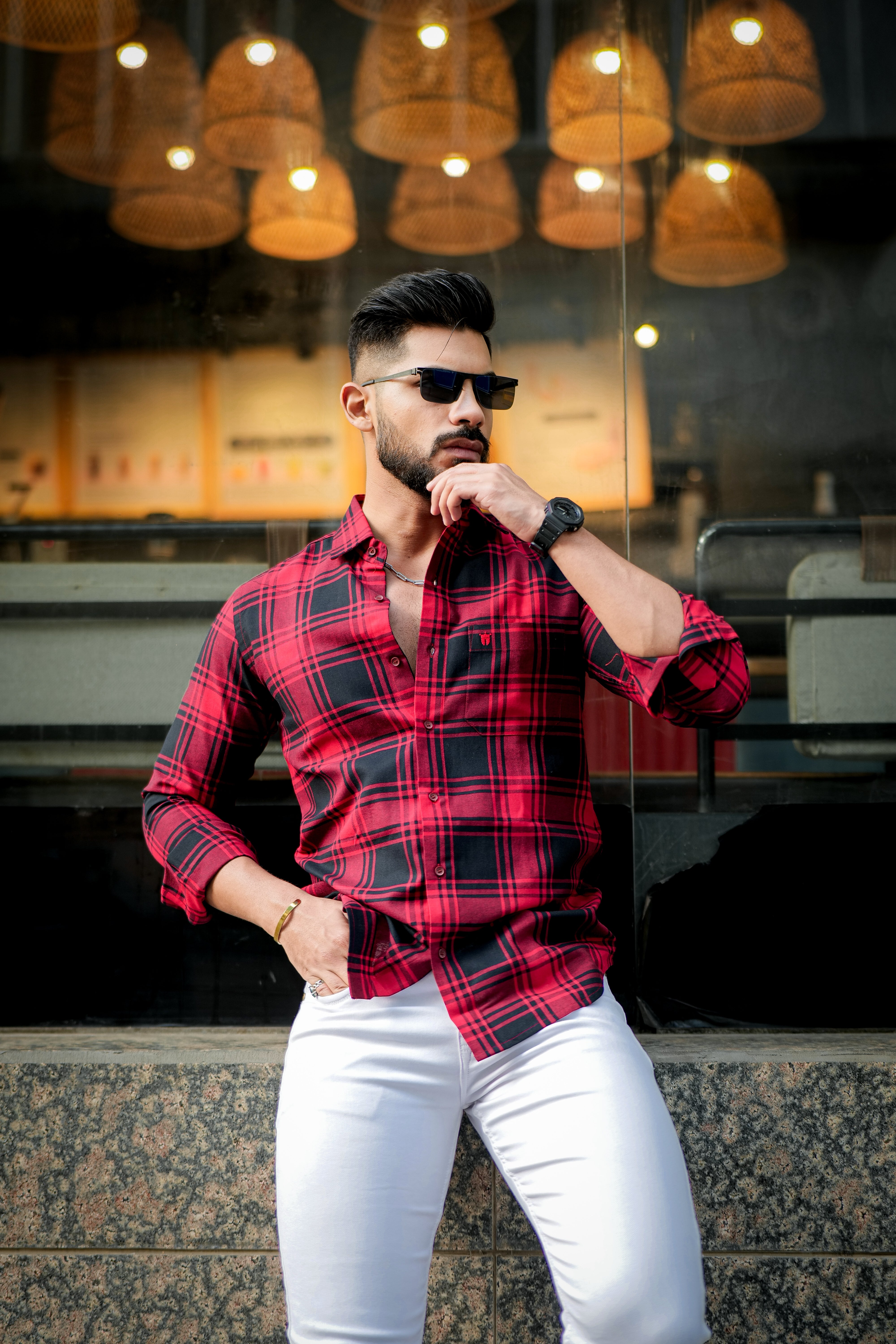 RED AND BLACK UNISEX OVERLONG CHECK SHIRT IN LONG SLEEVE