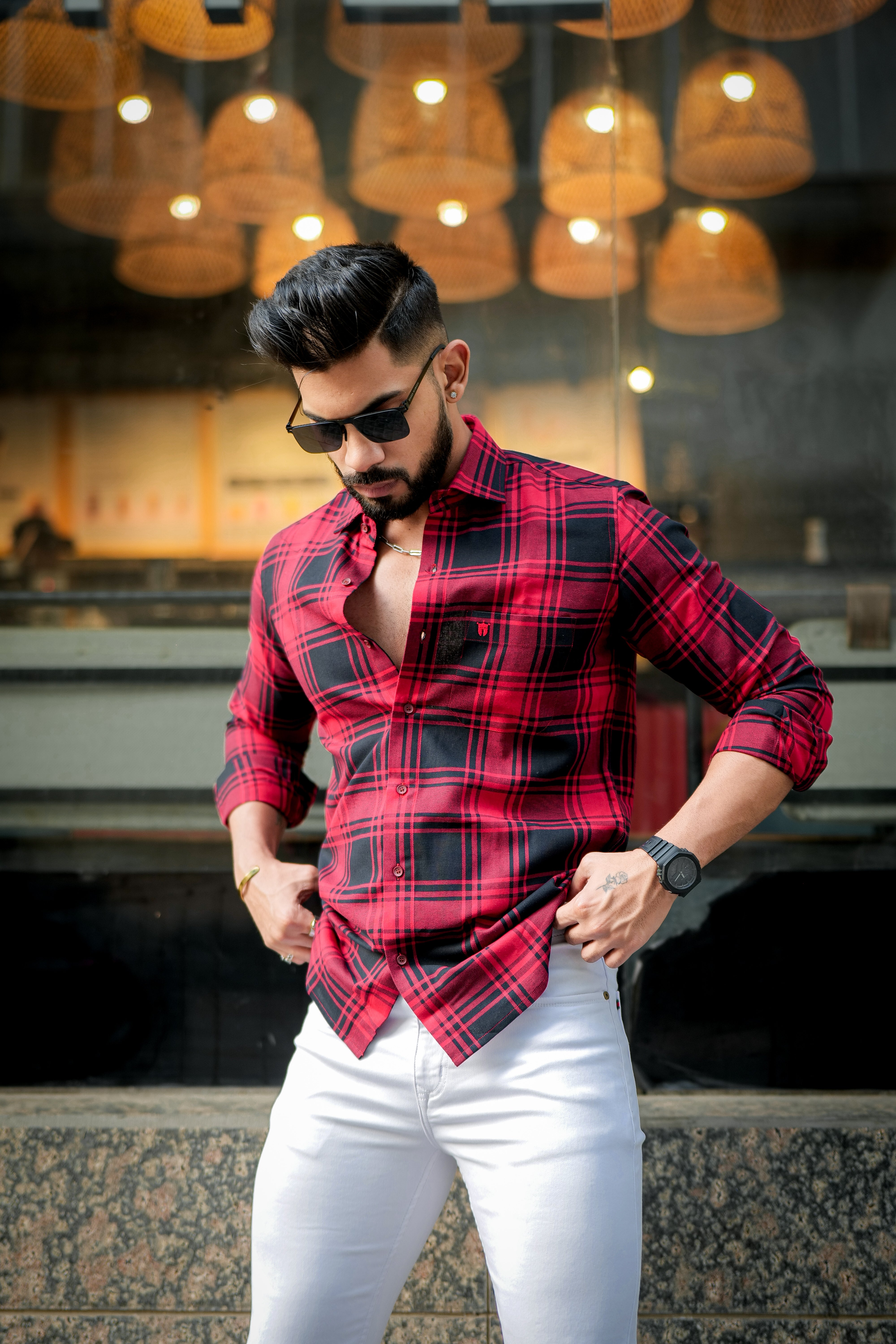 RED AND BLACK UNISEX OVERLONG CHECK SHIRT IN LONG SLEEVE