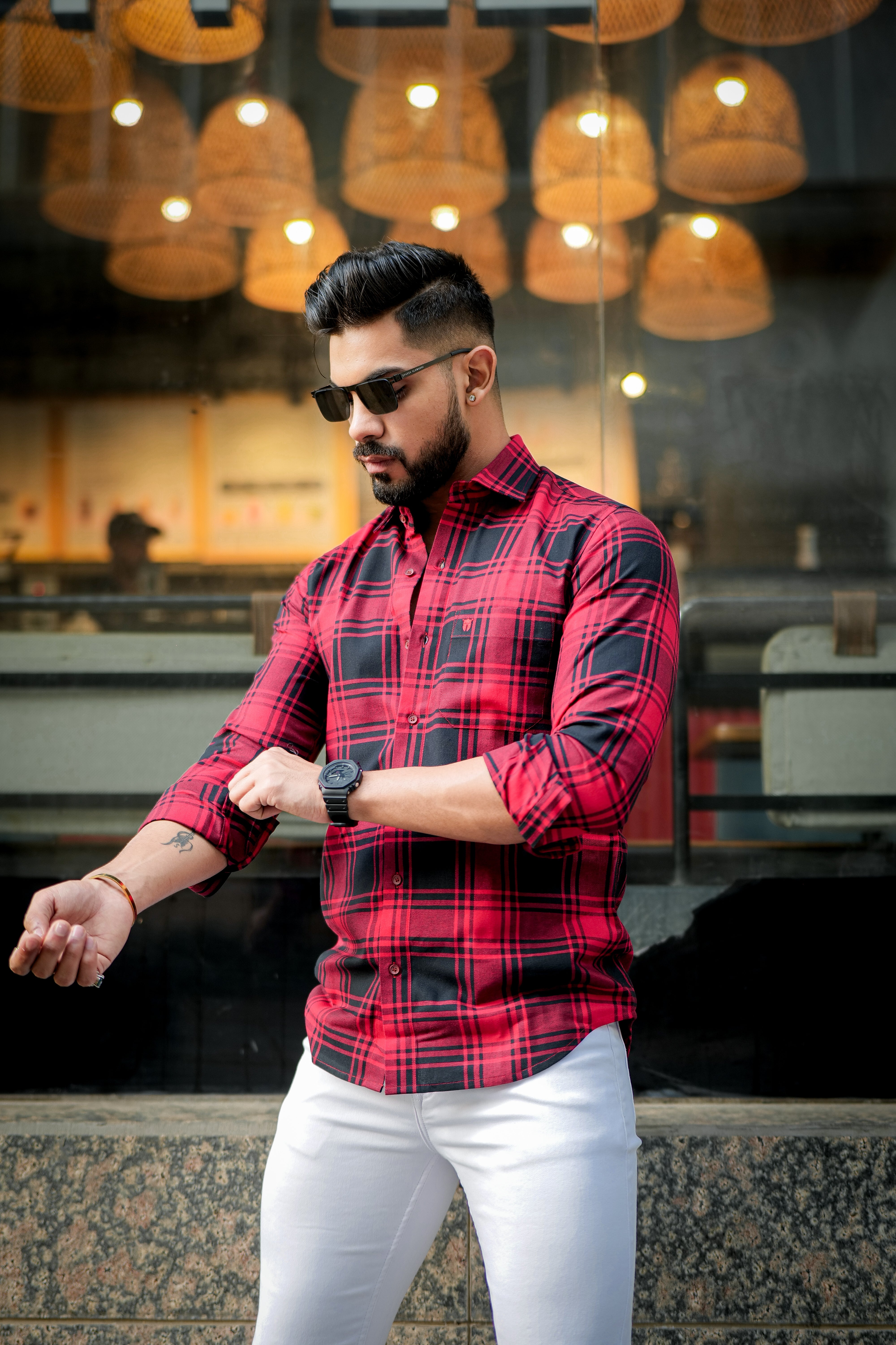 RED AND BLACK UNISEX OVERLONG CHECK SHIRT IN LONG SLEEVE