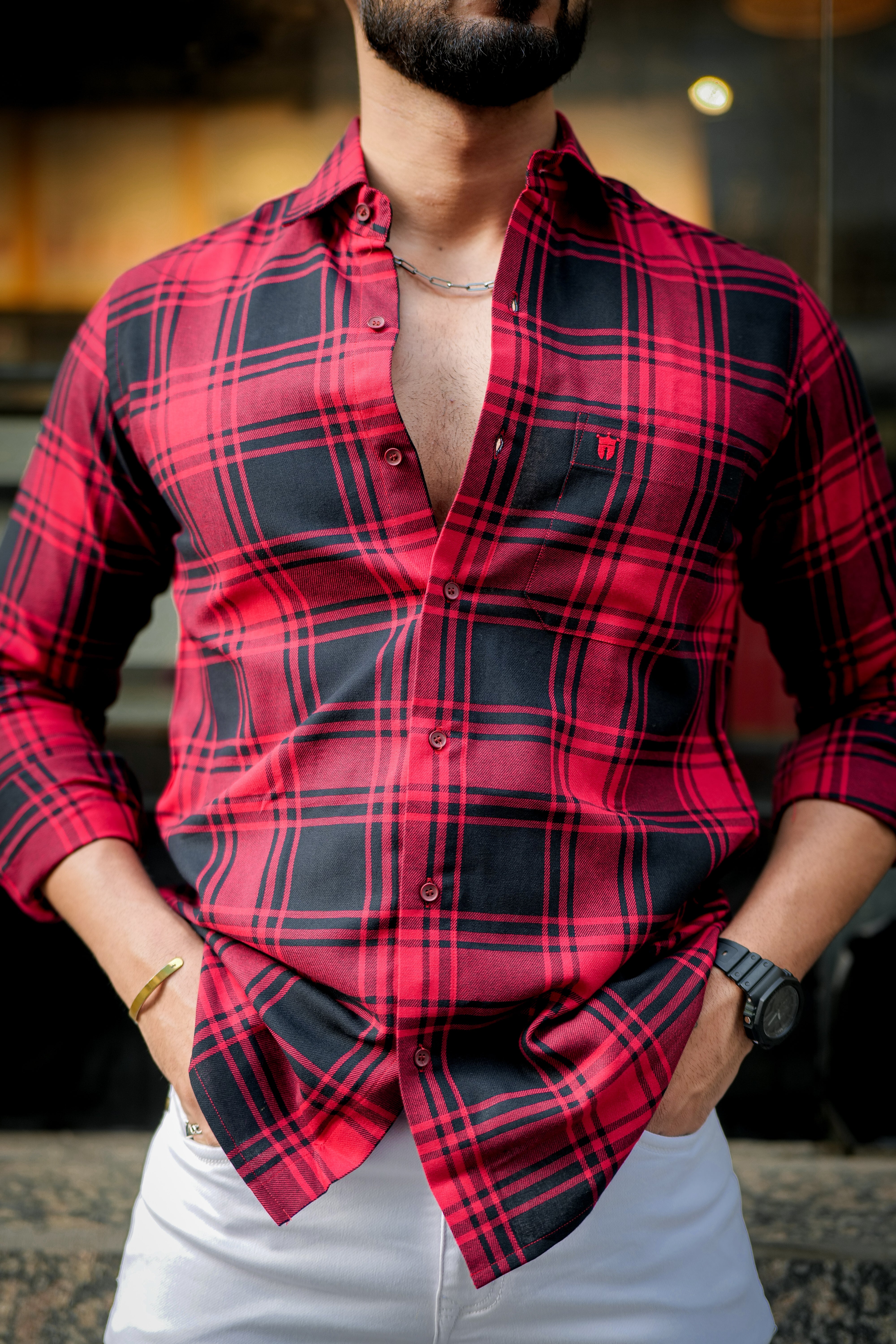 RED AND BLACK UNISEX OVERLONG CHECK SHIRT IN LONG SLEEVE