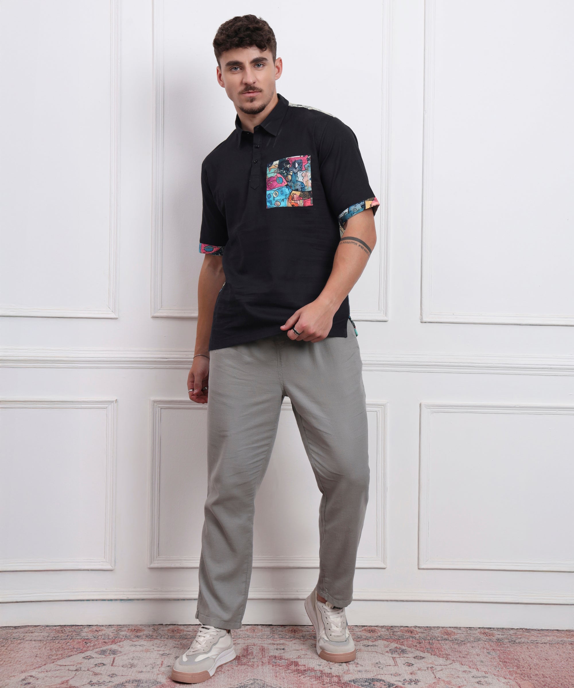FUNNY FACE DOODEL ART BACK AND POCKET DIGITAL PRINT POLO NECK LINEN SHIRT