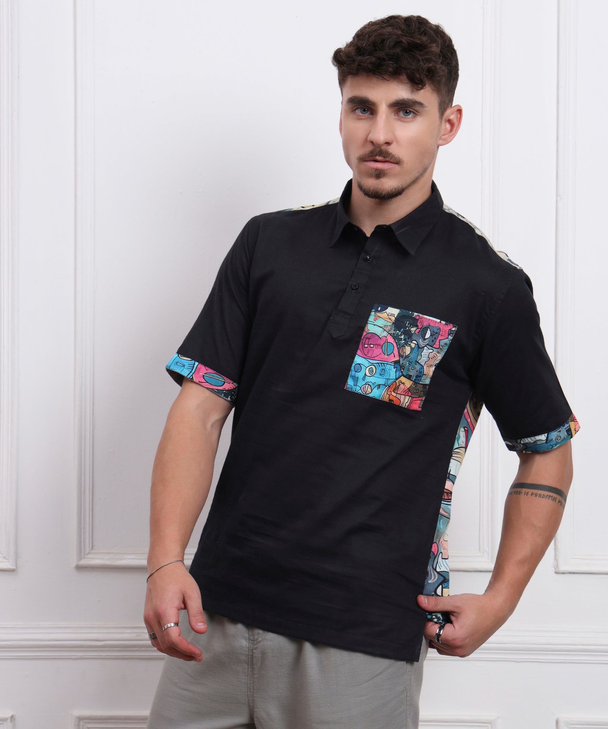 FUNNY FACE DOODEL ART BACK AND POCKET DIGITAL PRINT POLO NECK LINEN SHIRT