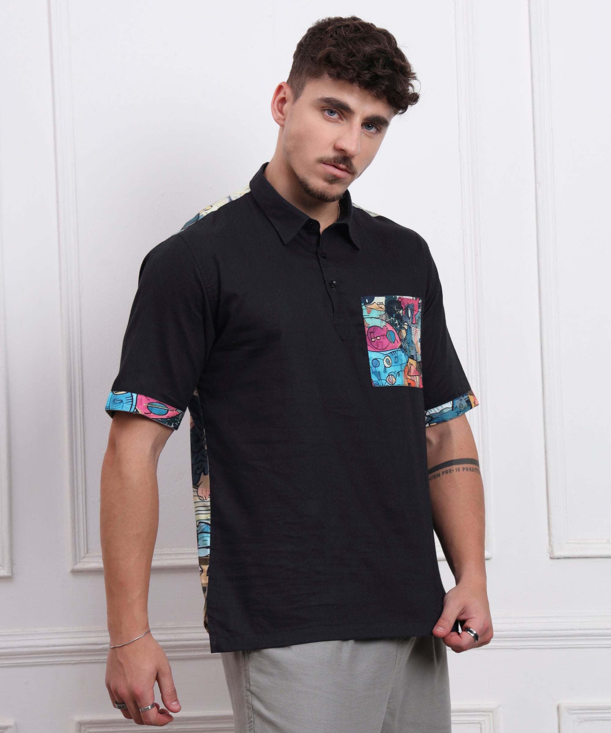 FUNNY FACE DOODEL ART BACK AND POCKET DIGITAL PRINT POLO NECK LINEN SHIRT