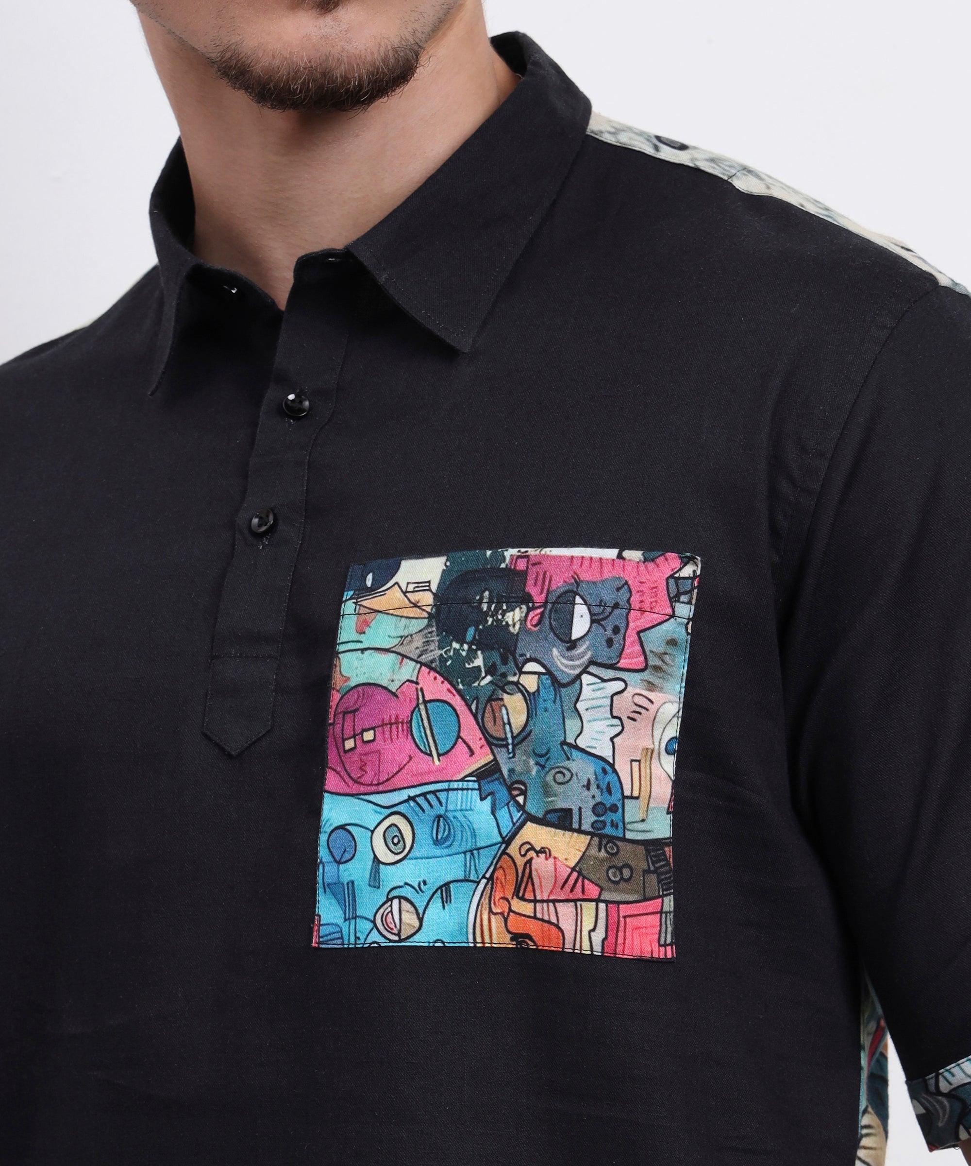 FUNNY FACE DOODEL ART BACK AND POCKET DIGITAL PRINT POLO NECK LINEN SHIRT