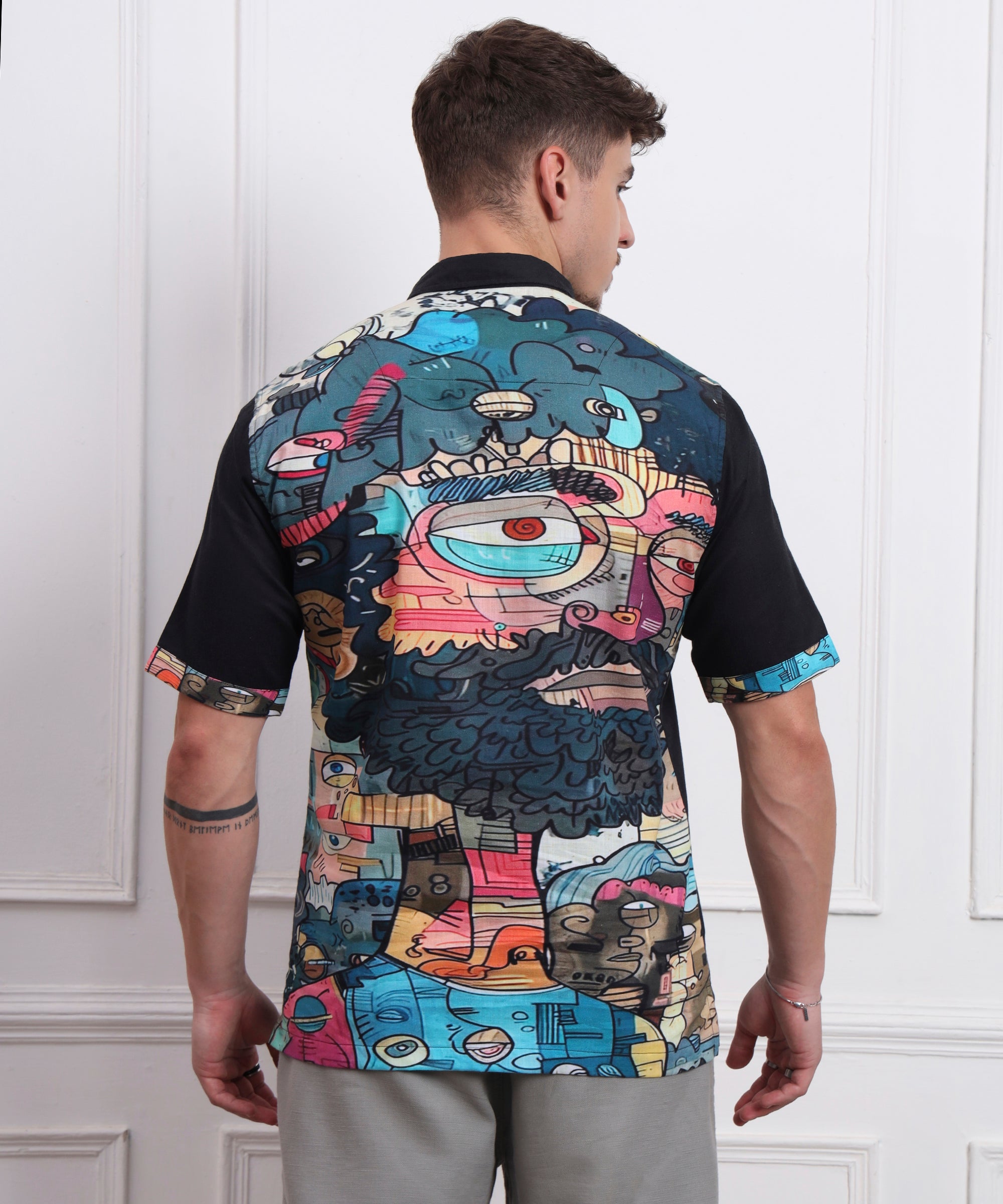 FUNNY FACE DOODEL ART BACK AND POCKET DIGITAL PRINT POLO NECK LINEN SHIRT