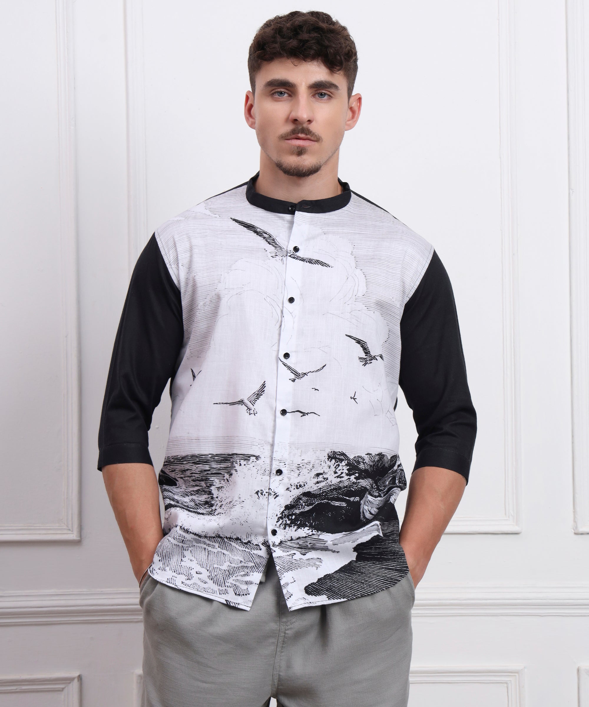 OCEAN WAVES WITH FLYING BRIDS NATURE ART LINEN MANDRIN COLLAT SHIRT