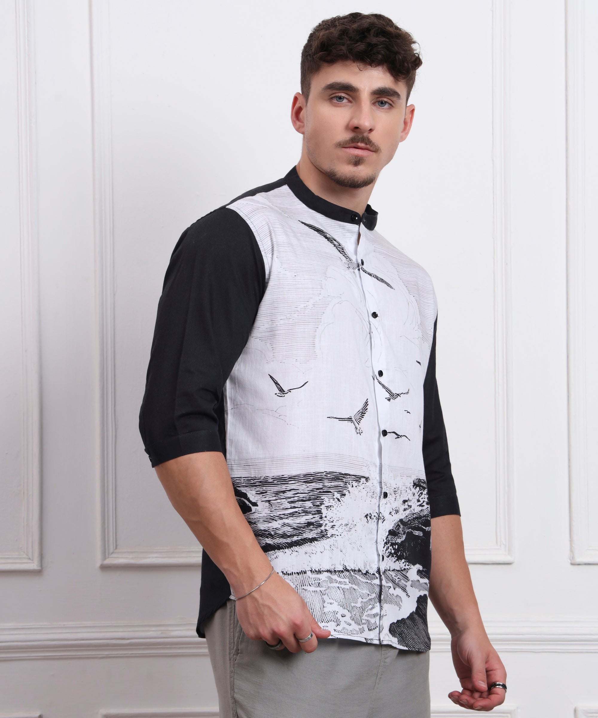 OCEAN WAVES WITH FLYING BRIDS NATURE ART LINEN MANDRIN COLLAT SHIRT