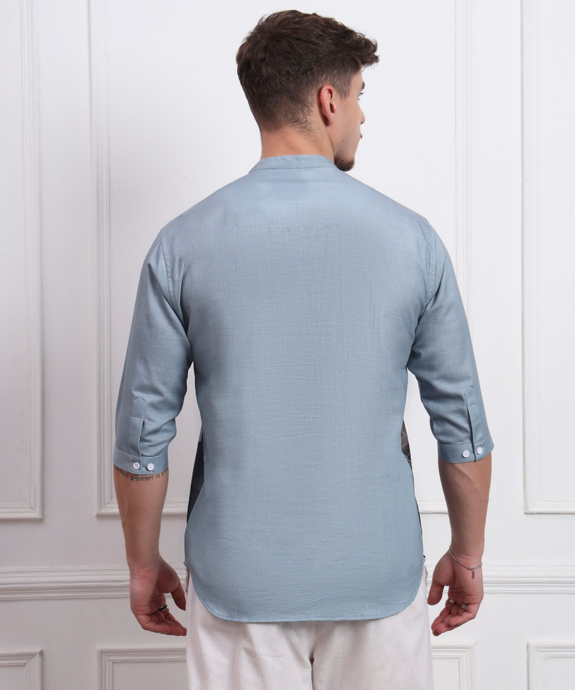 LIGHT BLUE SKY VIEW ART LINEN PRINT KURTA TYPE SHIRT