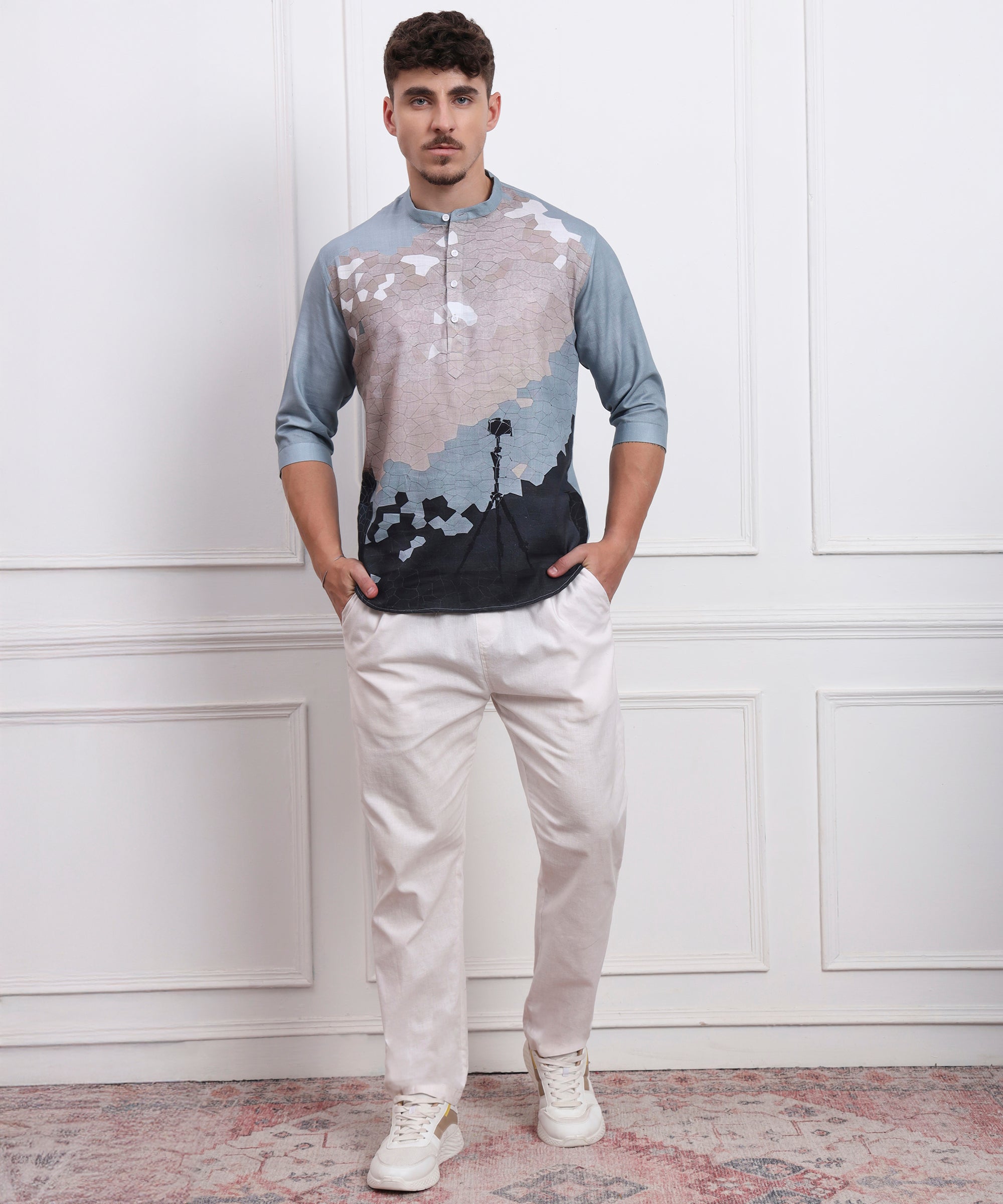 LIGHT BLUE SKY VIEW ART LINEN PRINT KURTA TYPE SHIRT