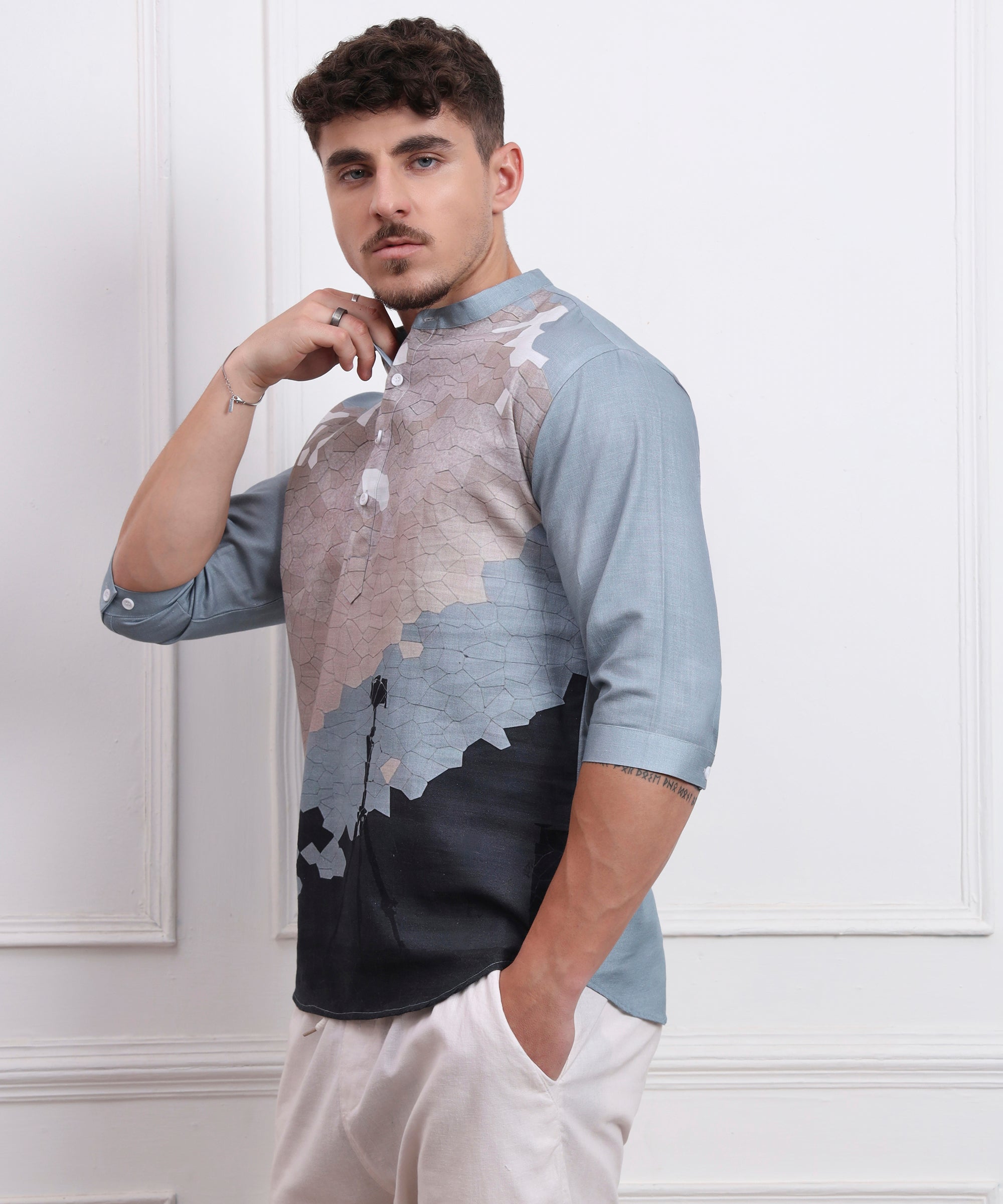 LIGHT BLUE SKY VIEW ART LINEN PRINT KURTA TYPE SHIRT