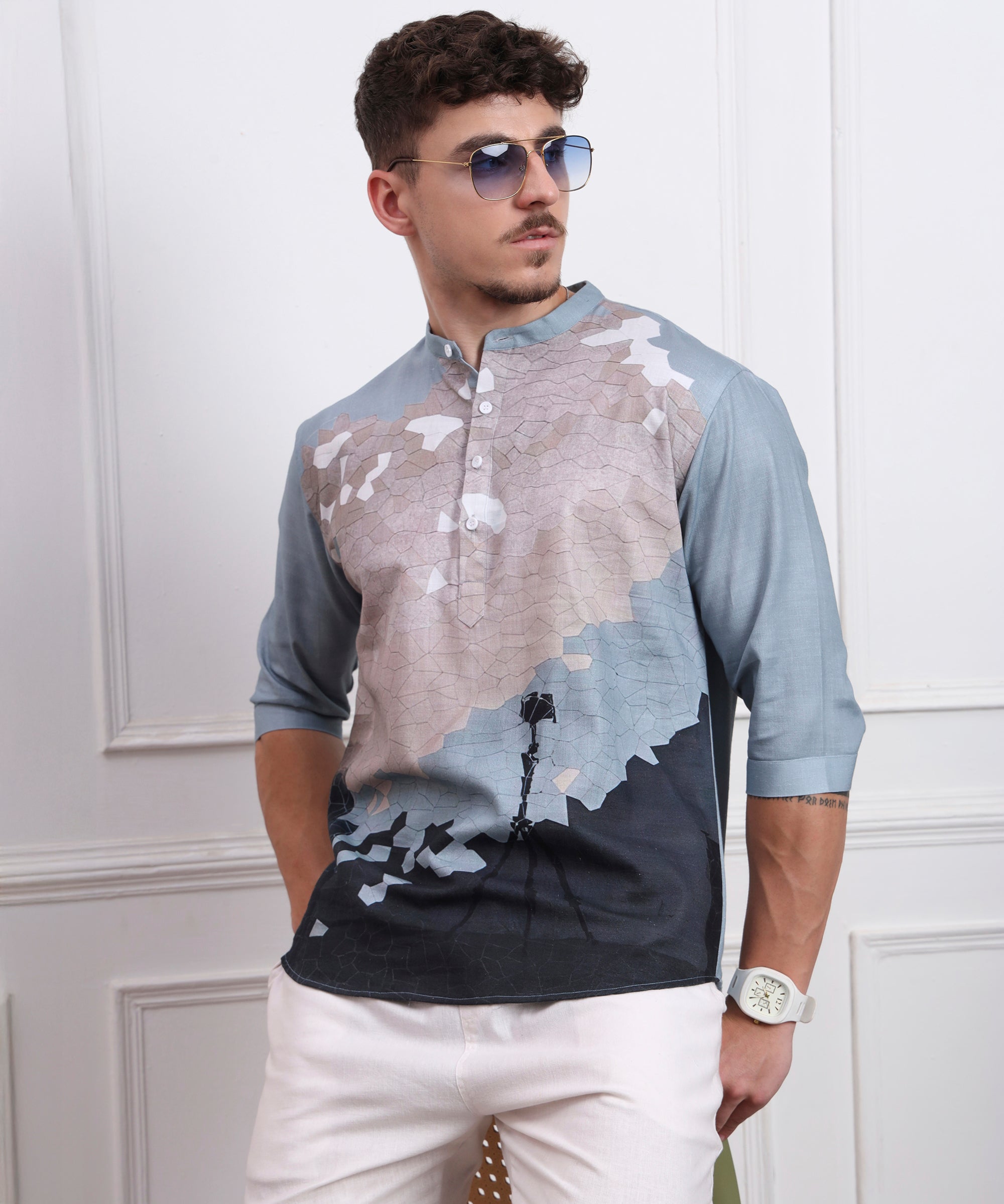 LIGHT BLUE SKY VIEW ART LINEN PRINT KURTA TYPE SHIRT