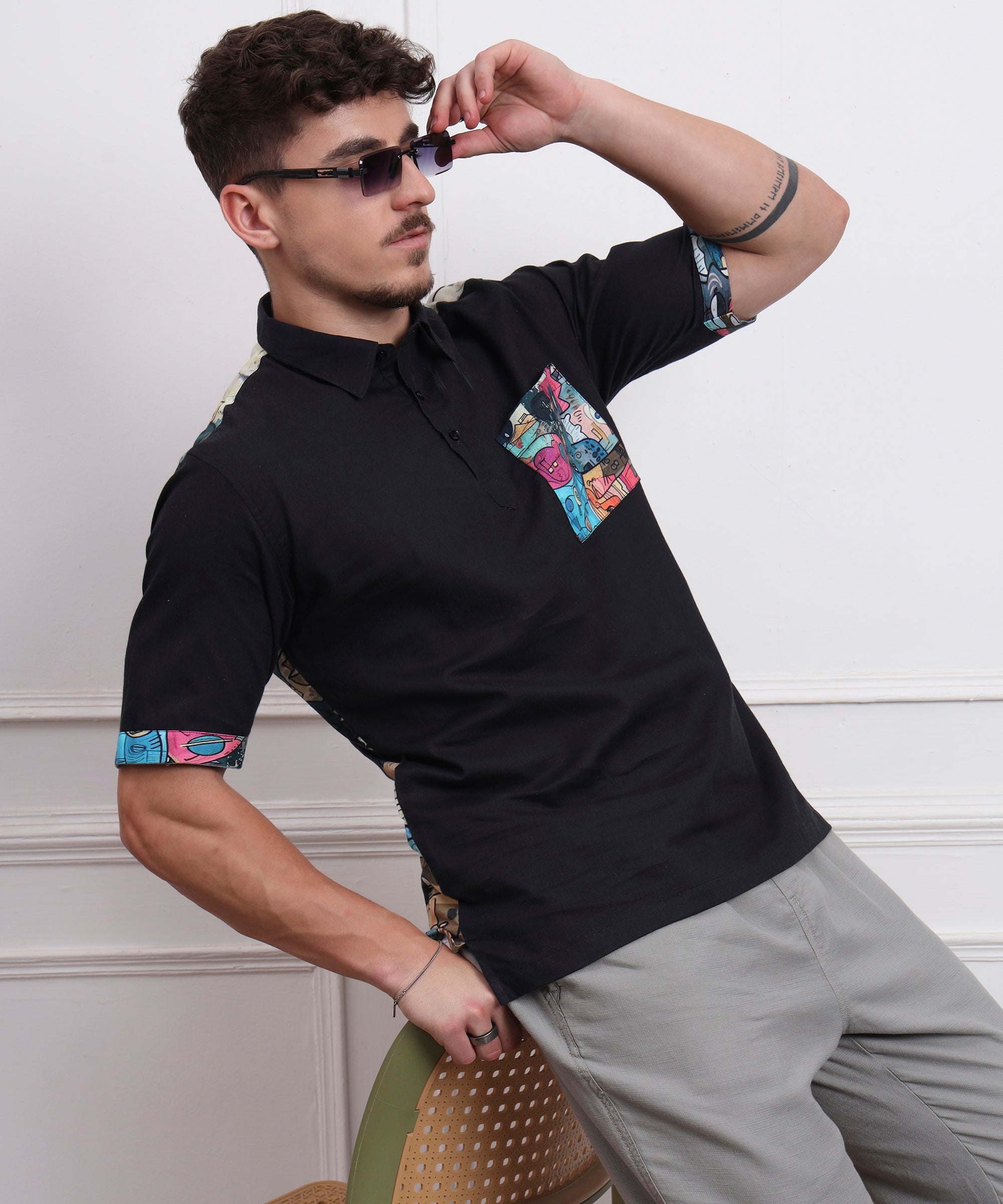 FUNNY FACE DOODEL ART BACK AND POCKET DIGITAL PRINT POLO NECK LINEN SHIRT