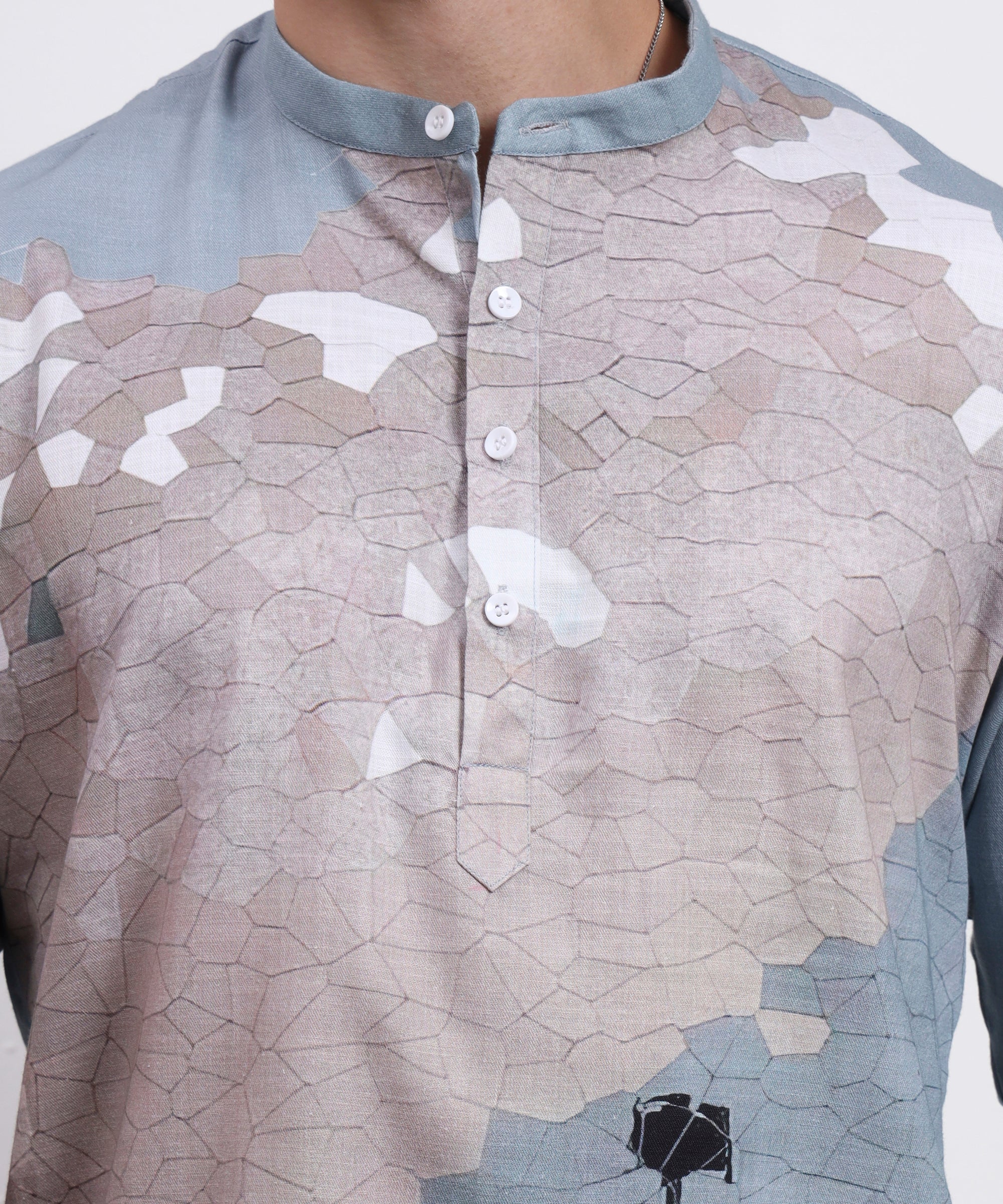 LIGHT BLUE SKY VIEW ART LINEN PRINT KURTA TYPE SHIRT