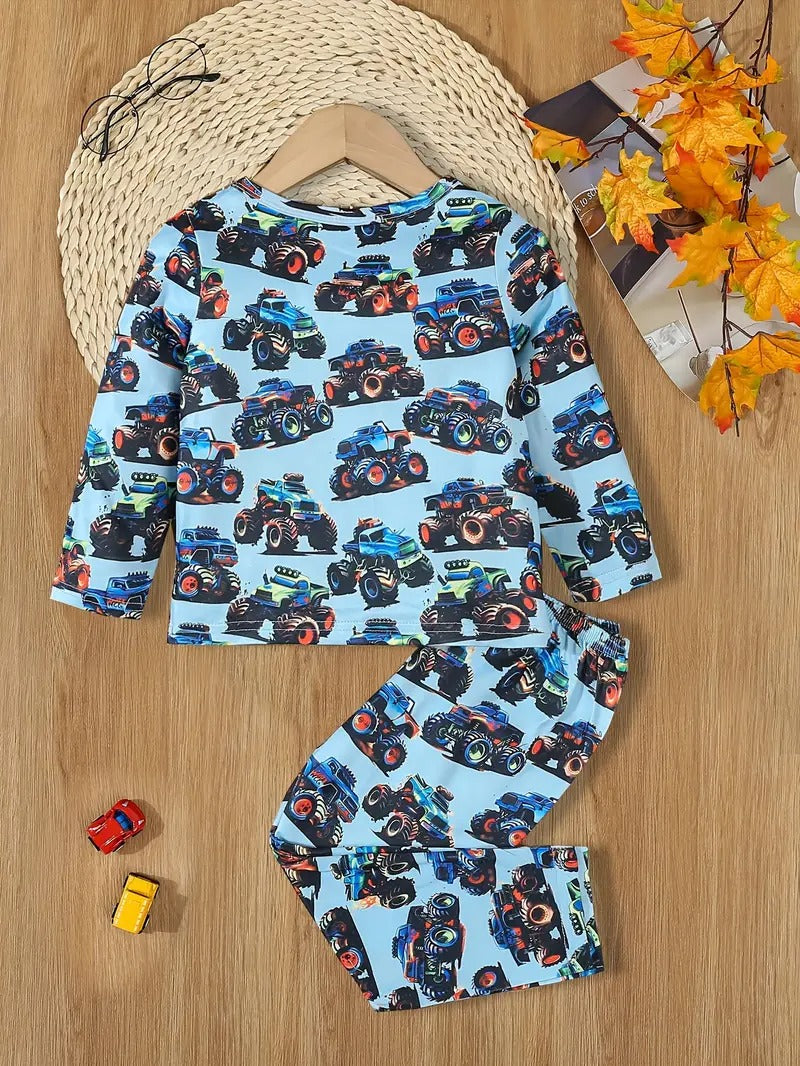 Comfy Trendy Cartoon Car KidsWear Boys Top &amp; Bottom Sets